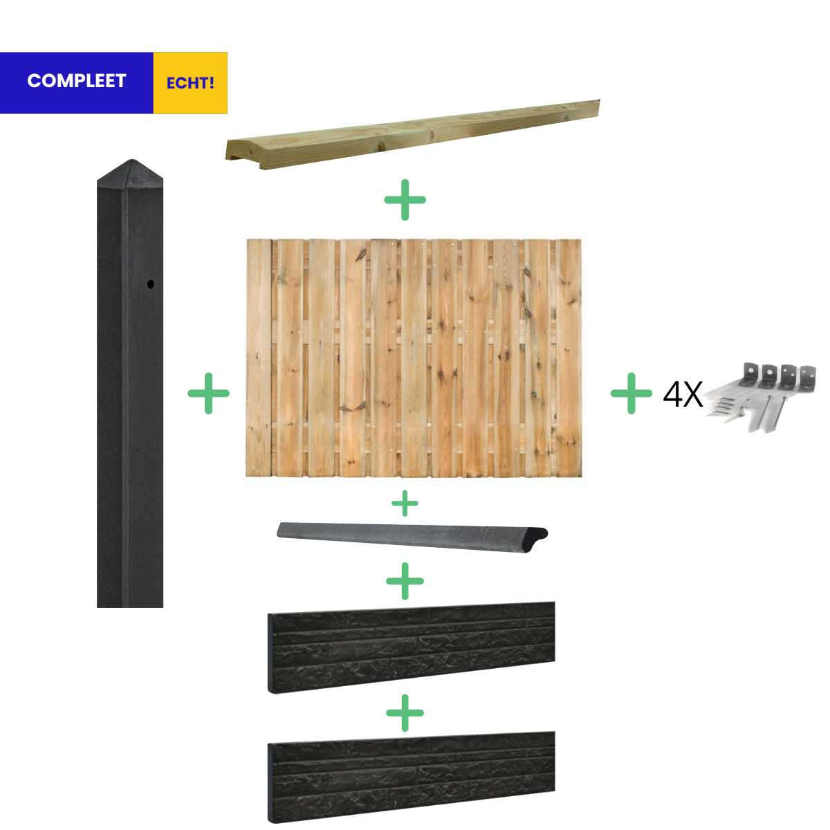 Complete Grenen Hout Beton Schutting met Dubbele Onderplaat Rotsmotief pakket