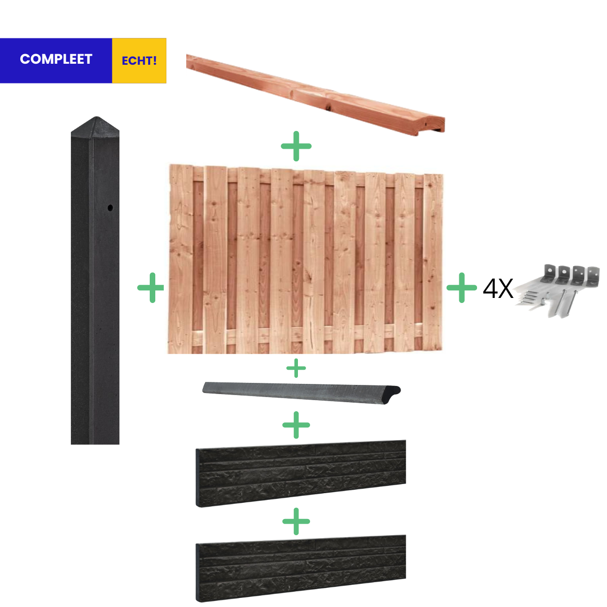 Complete Redwood Hout Beton Schutting met Dubbele Onderplaat Rotsmotief pakket