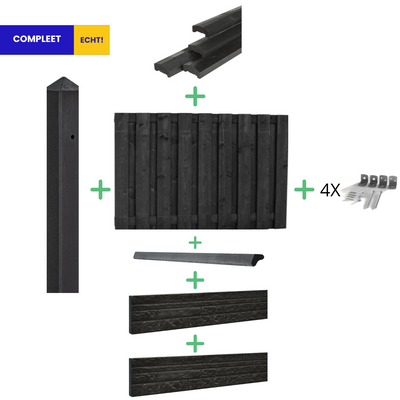 Complete Zwarte Hout Beton Schutting met Dubbele Onderplaat Rotsmotief pakket